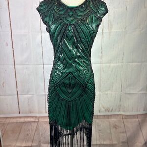BABEYOND Flapper Dress Knee-Length Green/Black Size XS